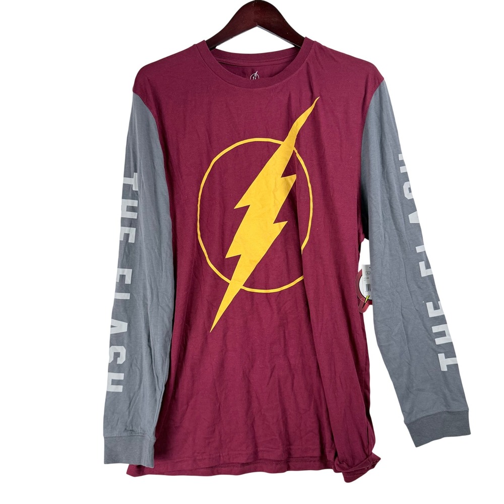 Bioworld The Flash T-Shirt Mens XL Burgundy Gray Long Sleeve Superhero Comic